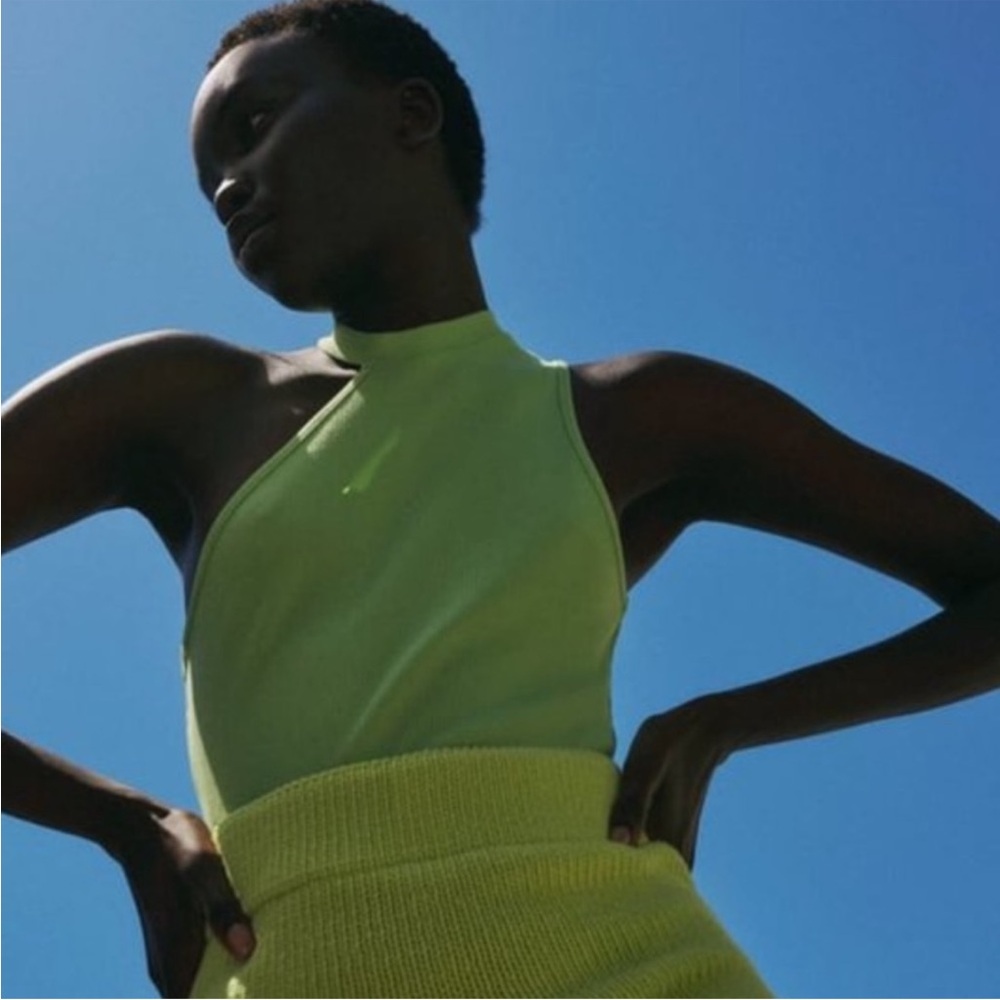 Zara Lime Brat Green Asymmetrical Ribbed Mock Neck Crop Top in Size Medium (M)